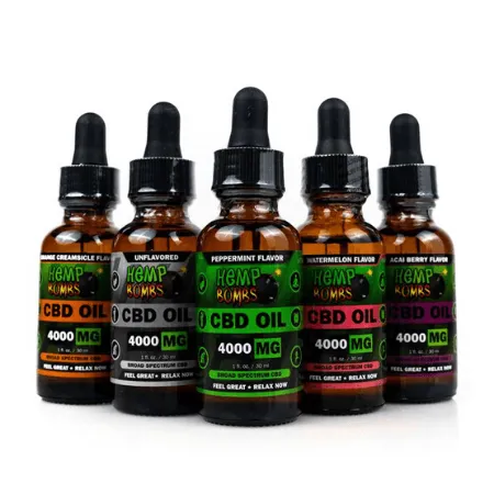Five Hemp Bombs CBD oil bottles in different flavours