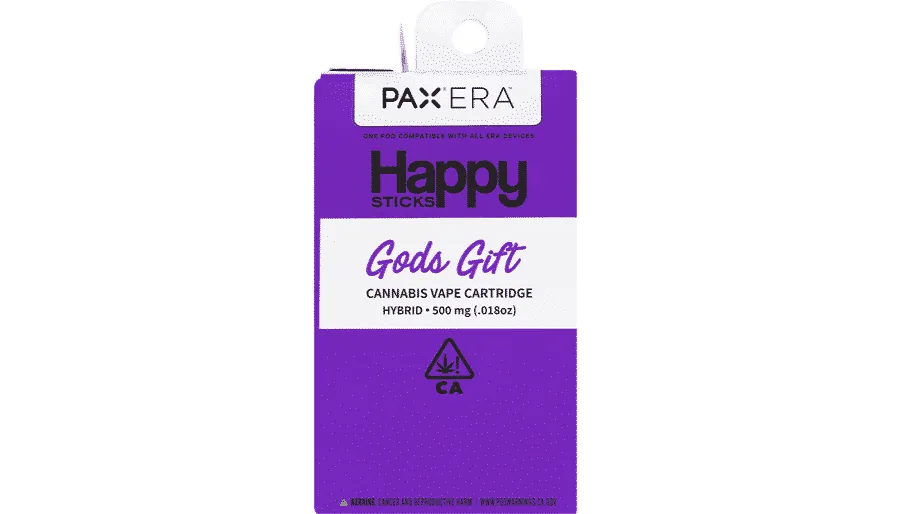A PAX Era pod from Happy Sticks in its purple retail box, labelled Gods Gift, a 500 mg hybrid cannabis vape cartridge