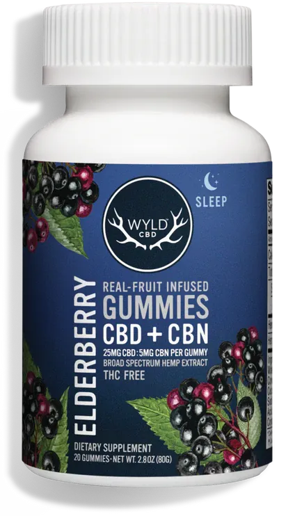 Wyld elderberry CBD and CBN gummies bottle on its side